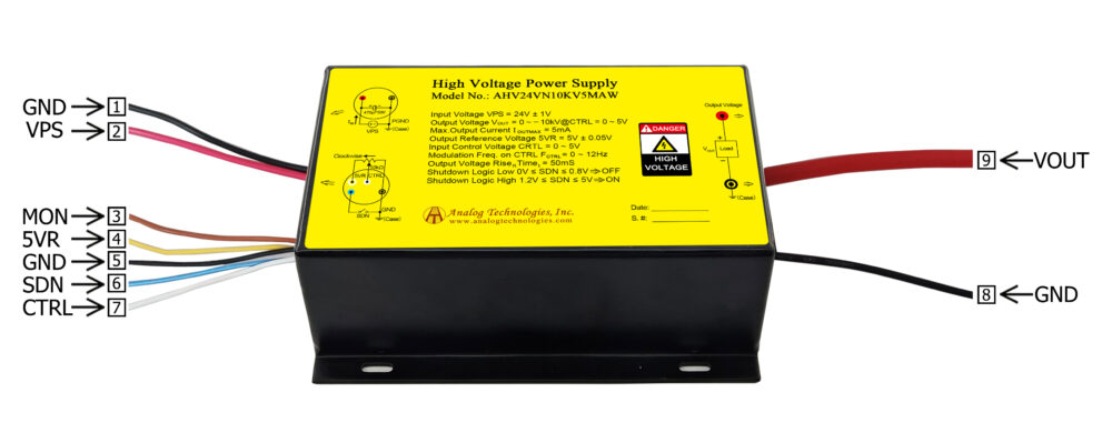 AHV24VN10KV5MAW &minus;10kV 5mA DC DC HV Power Supply (24V Input)