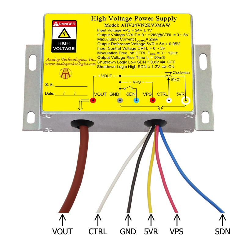 AHV24VN2KV3MAW &minus;2kV 3mA DC DC HV Power Supply (24V Input)