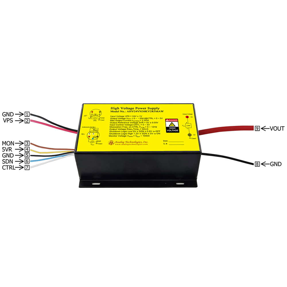 AHV24VN30KV2R5MAW &minus;30kV 2.5mA DC DC HV Power Supply (24V Input)