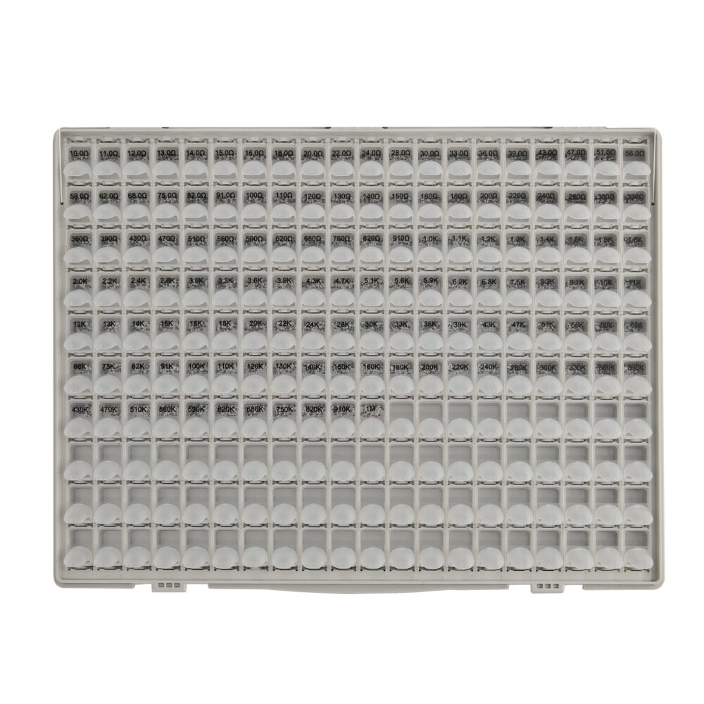 R06-131V 0603 0.1% resistor kit open case view showing 131 values