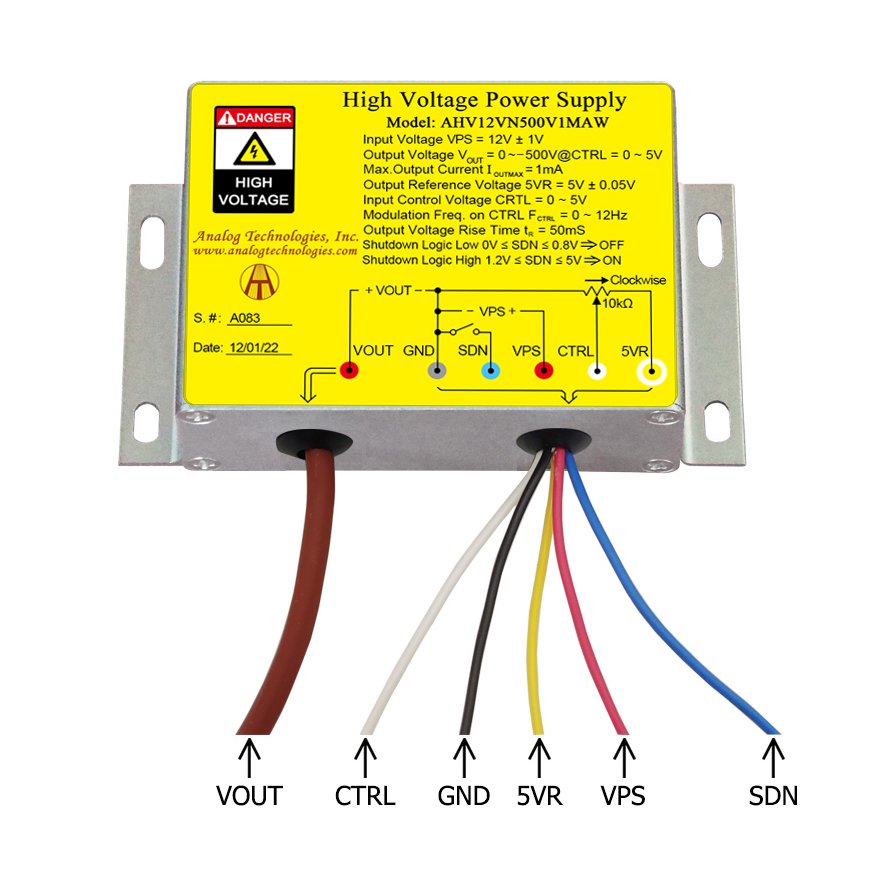 AHV12VN500V1MAW &minus;500V 1mA DC DC HV Power Supply (12V Input)