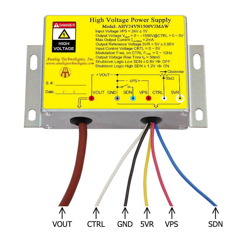 AHV24VN1500V2MAW &minus;1500V 2mA DC DC HV Power Supply (24V Input)