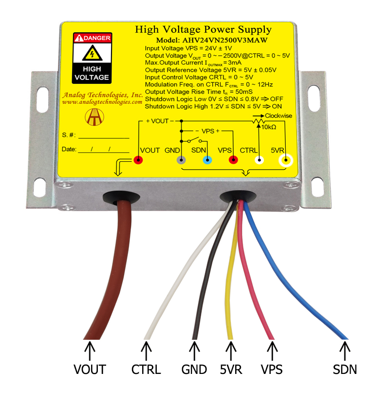 AHV24VN2500V3MAW &minus;2500V 3mA DC DC HV Power Supply (24V Input)