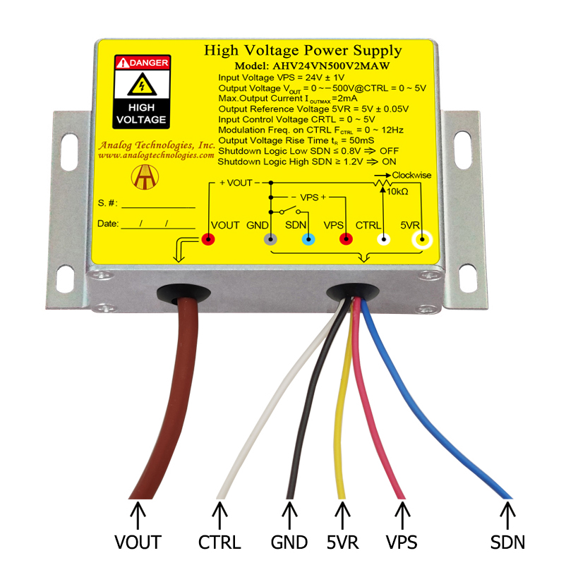 AHV24VN500V2MAW &minus;500V 2mA DC DC HV Power Supply (24V Input)