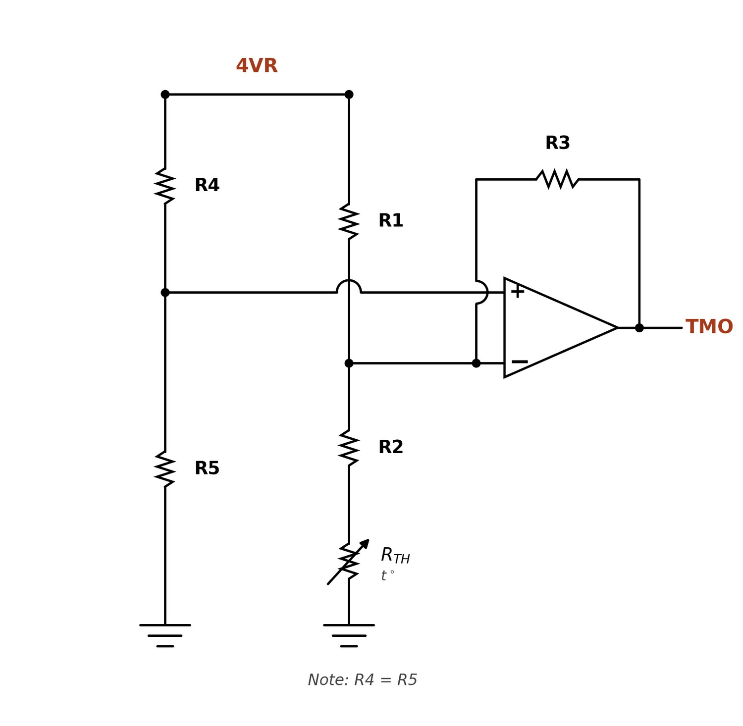 Schematic of the three-resistor plus op-amp thermistor linearization network showing R1 through R5, the NTC thermistor, and the TMO output.